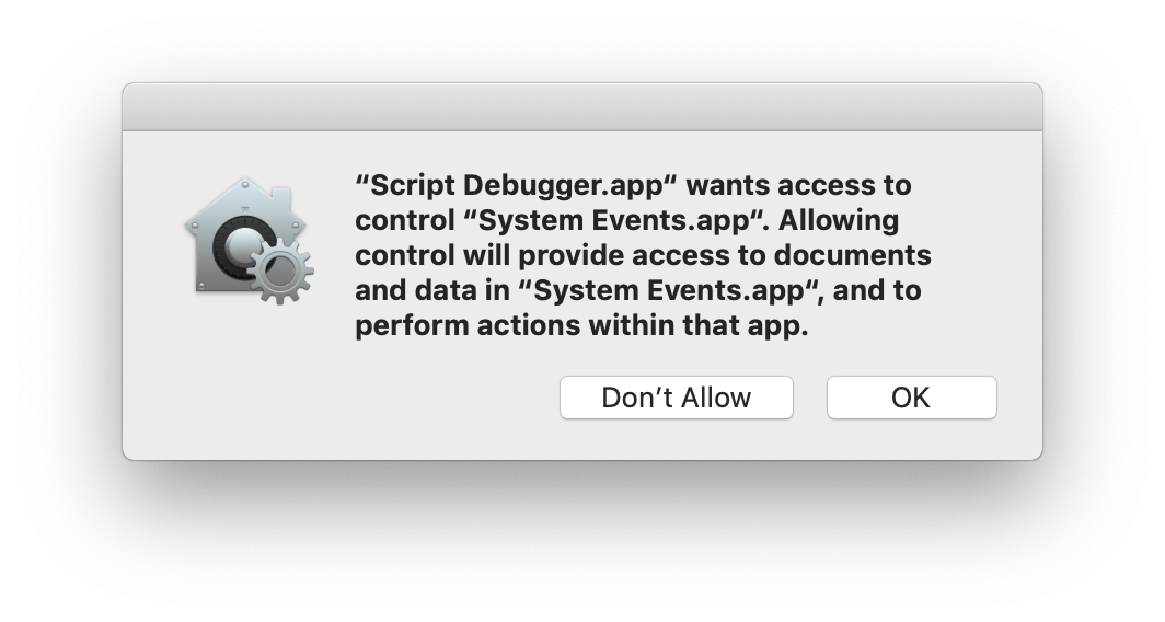 The Apple event permission dialog.